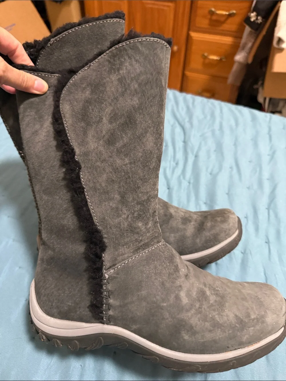 Patagonia Gray Suede Shearling-Trim Winter Boots
